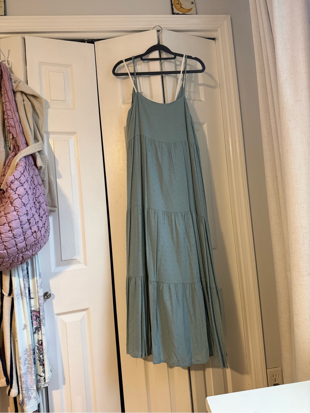 Lulu's Sage Blue Swiss Dot Tiered Midi Dress - Picture 3 of 7